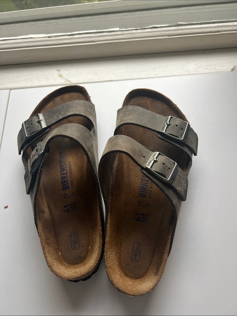 Men’s Birkenstock Arizona Gray Two-Strap Sandals with Silver Buckles